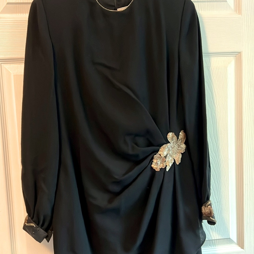 Perfect Black crepe 100% wool lined wrap dress,  exceptional beading.